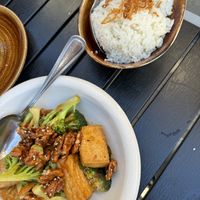 Walnut tofu and coconut ricee  at Mingalaba in Burlingame