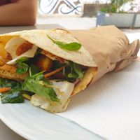 Tofu coconut bacon vegan wrap -yummy at Umami in Crete