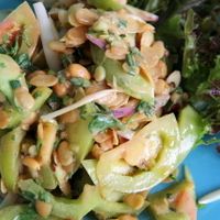 Shan green tomato salad was so good (a salty salad, not for health freaks, but for those who love tasty salads with fresh ingredients, nuts etc) at Free Bird Cafe in Chiang Mai