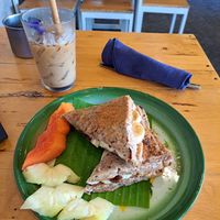 Vegan French toast sandwich and lavender iced coffee  #Veganuary at Free Bird Cafe in Chiang Mai