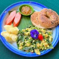 Chick pea scramble with extra bagel and ham on the side   at Free Bird Cafe in Chiang Mai