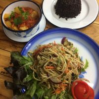Papaya salad and potato curry at Free Bird Cafe in Chiang Mai