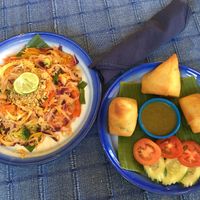 Rainbow Pad Thai and Samosas at Free Bird Cafe in Chiang Mai