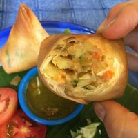 Freshly cooked - steaming hot, potato-ey filling. Perfectly crisp and crunchy wrapping. at Free Bird Cafe in Chiang Mai