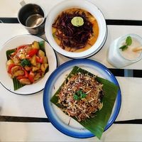 Potato hash,  tea leaf salad, khao soi and shake! at Free Bird Cafe in Chiang Mai