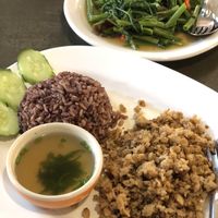 Pepper garlic plant based “pork” and stir fry morning glory   at CMU Vegan - Kinphak Cafe in Chiang Mai