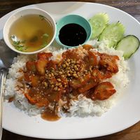 Vegan red pork with rice, 60 baht  at CMU Vegan - Kinphak Cafe in Chiang Mai