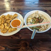 Fried couliflower and soup. 110 bath at CMU Vegan - Kinphak Cafe in Chiang Mai
