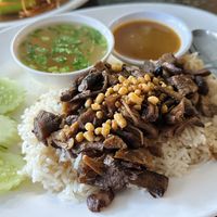 Oily rice with fried shiitake mushroom stipe (60 THB)  at CMU Vegan - Kinphak Cafe in Chiang Mai
