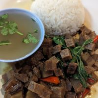 Vegan pork belly and rice at CMU Vegan - Kinphak Cafe in Chiang Mai