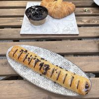 Chocolate flute, chocolate cake and croissant  at Veganitessen in Sevilla