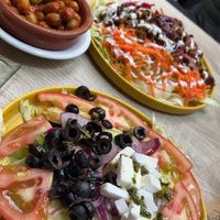 Greek salad, andalusi salad + olives   at Veganitessen in Sevilla