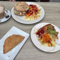 Empanadilla de heura, tortilla mextilla & sriracha bread at Veganitessen in Sevilla
