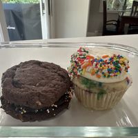 Cosmic brownie cookie sandwich, funfetti cupcake  at For Goodness Cakes - Food Truck in Baiting Hollow
