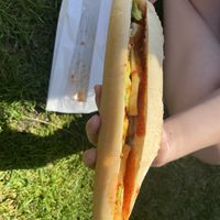 Vegan halloumi, avocado and chilli jam baguette    at The Den in Bourton-on-the-water