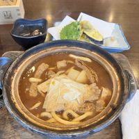 Miso udon with mochi and vegetable tempura  at Yamamotoya in Nagoya