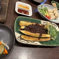 大豆ミートのなすみそ　湯葉のお刺身  at Yamamotoya in Nagoya