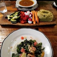 Apple Butternut Squash Soup, Edamame Hummus with Veggies, and Citrus Almond Salad at Wicked Sisters in Baltimore