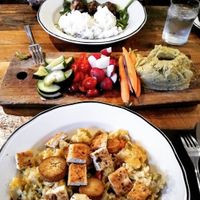 Beyond Vietnamese Bowl, Edamame Hummus with Veggies, and Paella with Sofrito and King Mushrooms at Wicked Sisters in Baltimore