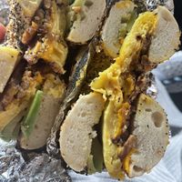 Everything bagel with egg, cheese , seitan and avocado so delicious vegan yumminess   at Roland Park Bagels in Baltimore