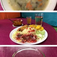 Menu Del Dia; Plató fuerte: trucha vegetariana arroz integral patacones ensaladas de pepinillo y encurtido. Sopa: de lenteja. Té: hierba luisa. at Inti-Mikuna in Quito