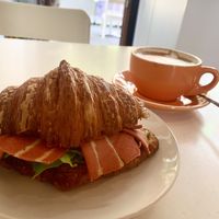 BLAT Croissant (Bacon, lettuce, avocado and tomato) and caramel almond latte.   at Oh My Days in Glebe