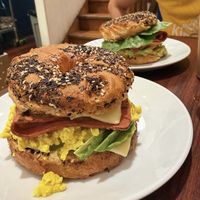 New bagel sandwiches. Bacon and egg and then the BLAT in the back    at Oh My Days in Glebe