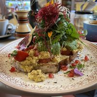 Toast with scrambled tofu and vegan cheese  at Mama Carmen's Coffee & Bakery in Mallorca