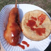 Pie and dagwood dog from Ykillamoocow. at No Bull - Ykillamoocow Food Stall in West End