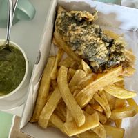 ‘Vegan fillet’ (banana blossom in seaweed batter), chips and mushy peas  at The London Fryer in Paignton