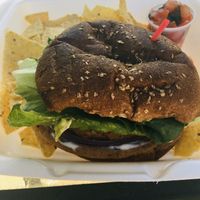Nutty burger with a side of chips & fresh salsa. at Brick House in Folsom