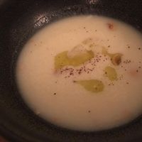 This soup was amazing that we requested and paid for another bowl!! at Texture in London