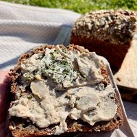 Cashew artichoke spread on Danish seed bread (very hearty and dense) at Oat Bakery in Santa Barbara