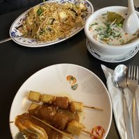 Tofu Satay, tomkha Tofu and fried Noodles at Thaise Snackbar Bird in Amsterdam