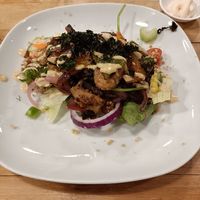 Vegetables on olive bread with salad and dressing. at The Crew Yard in Edwinstowe