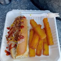 Vegan hotdog and polenta chips at Veggie Nook in Bowral