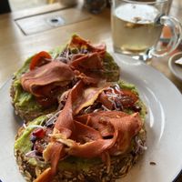 Avocado smash with vegan bacon 👌   at The Blueberry in Amersfoort