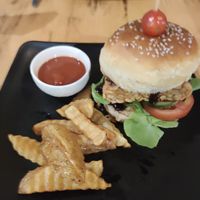 Vegan tempeh burger at The Greenhouse in Vientiane