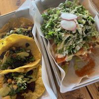 Tacos Al Pastor (left) and Flautas de Papa (right)  at Earth Plant Based in Phoenix