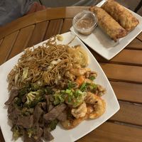 broccoli and “beef”, egg rolls, chow mein, honey walnut “shrimp”   at Earth Plant Based in Phoenix