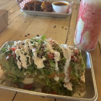Chimichanga, Birria tacos, and a smoothy from their sister shop next door.  at Earth Plant Based in Phoenix