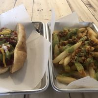 Hot dog and chorizo fries at Earth Plant Based in Phoenix