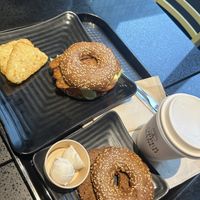 bacon + egg bagel w hasbrowns & americano combo , plain bagel w cream cheese  at Copper Branch - Stanley in Montreal