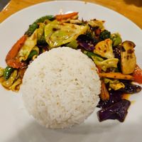 Stir fried veggies tofu with rice at Chaba Cafe Don Mueang ชบาจ๊อปู วัดดอนเมือง in Bangkok