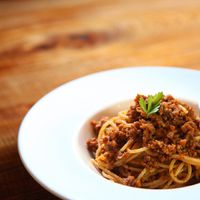 Bolognese made with only vegetable materials using flavored vegetables, soybean meat and avocado oil at Marche in Kurashiki