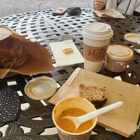 Lunch on the patio - fresh baked bread and homemade vegan soup at Lighthouse Center Bakery and Cafe in Umpqua