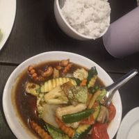 Vegan mixed vegatables in a cashew nut sauce with coconut rice at Everyday Thai in Bristol