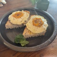 The vegan fried eggs - superb   at Studio Vert  in Laroque-des-alberes