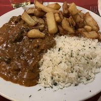 Mushroom stroganoff w chips n rice   at The Lion Inn in Blakey