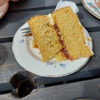 Victoria sponge (non vegan) at Riverside Tea Room in Ironbridge